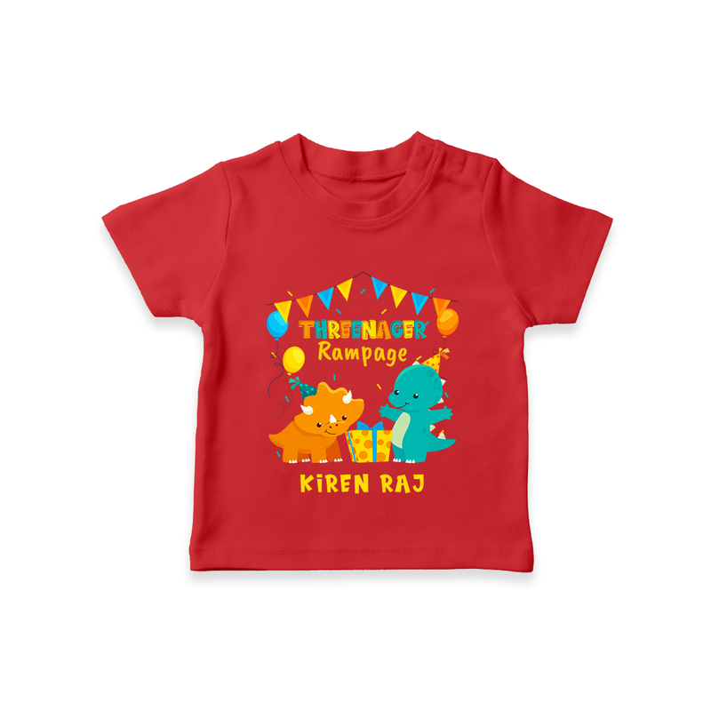 Celebrate The 3rd Birthday With Dino Theme - Personalized Birthday T-Shirts With Customized Name - RED - 0-5 Months Old (Chest 17")