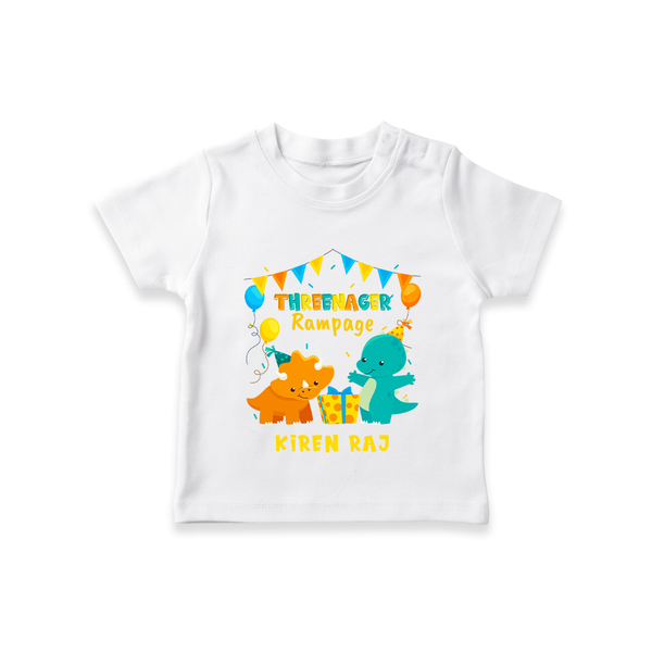 Celebrate The 3rd Birthday With Dino Theme - Personalized Birthday T-Shirts With Customized Name - WHITE - 0-5 Months Old (Chest 17")