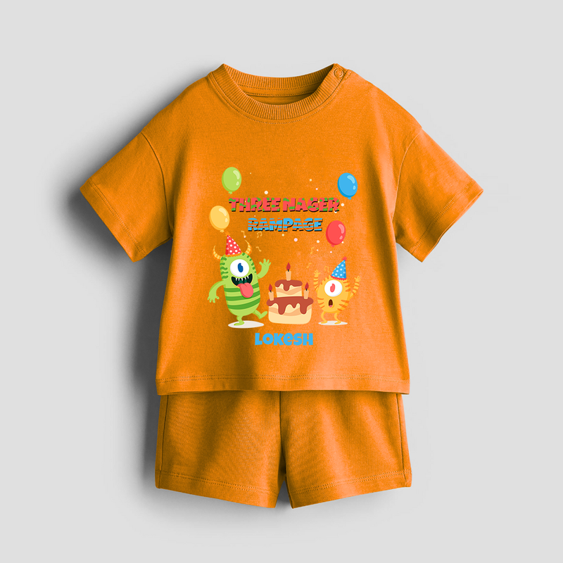 Celebrate The 3rd Birthday With Three Nagar Rampage - Personalized Birthday Co-ord With Customized Name - TANGERINE - 0-5 months old  (Chest 18")