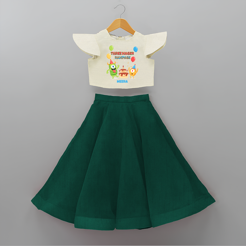 Celebrate The 3rd Birthday With Three Nagar Rampage - Personalized Birthday Crop Top And Skirt With Customized Name - BOTTLE GREEN - 6 - 9 Months Old (Chest 20" , Frock Waist 20")