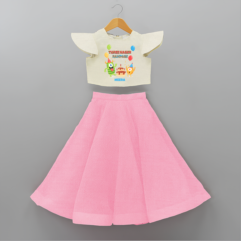 Celebrate The 3rd Birthday With Three Nagar Rampage - Personalized Birthday Crop Top And Skirt With Customized Name - PINK - 6 - 9 Months Old (Chest 20" , Frock Waist 20")