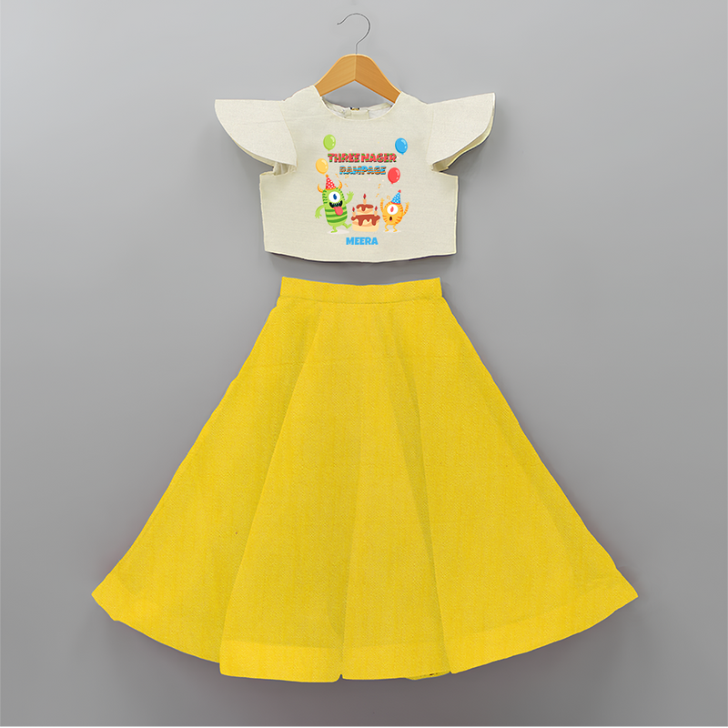 Celebrate The 3rd Birthday With Three Nagar Rampage - Personalized Birthday Crop Top And Skirt With Customized Name - YELLOW - 6 - 9 Months Old (Chest 20" , Frock Waist 20")