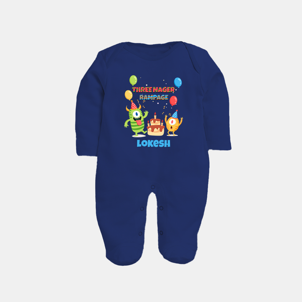 Baby Milestone Full Sleeve Bodysuit/ Sleep Suit/ Jumpsuit | Custom 3 Month Full Sleeve Bodysuit/ Sleep Suit/ Jumpsuit | Soft, Skin-Friendly Cotton - NAVY BLUE - New Born (Chest 7.5")