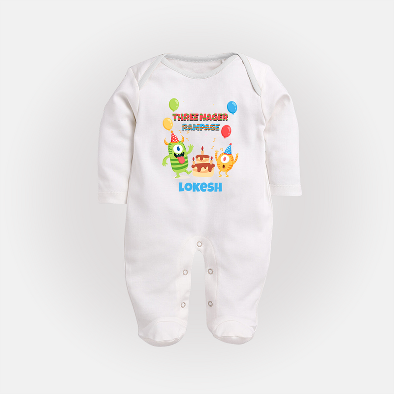 Baby Milestone Full Sleeve Bodysuit/ Sleep Suit/ Jumpsuit | Custom 3 Month Full Sleeve Bodysuit/ Sleep Suit/ Jumpsuit | Soft, Skin-Friendly Cotton - WHITE - New Born (Chest 7.5")
