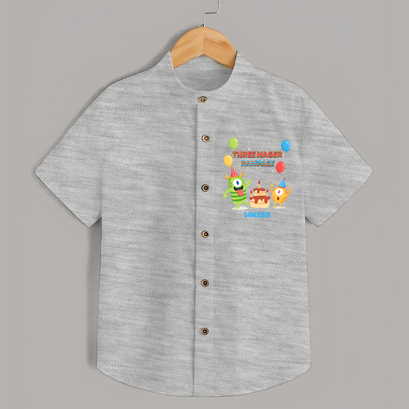 Celebrate The 3rd Birthday With Three Nagar Rampage - Personalized Birthday Shirts With Customized Name - GREY MELANGE - 0 - 6 Months Old (Chest 23")