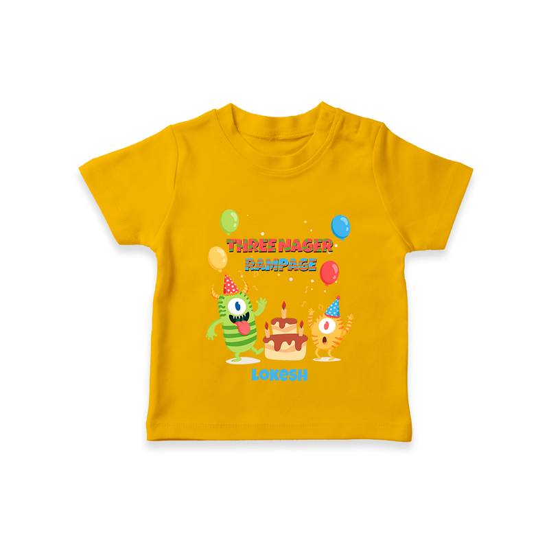 Celebrate The 3rd Birthday With Three Nagar Rampage - Personalized Birthday T-Shirts With Customized Name - CHROME YELLOW - 0-5 Months Old (Chest 17")