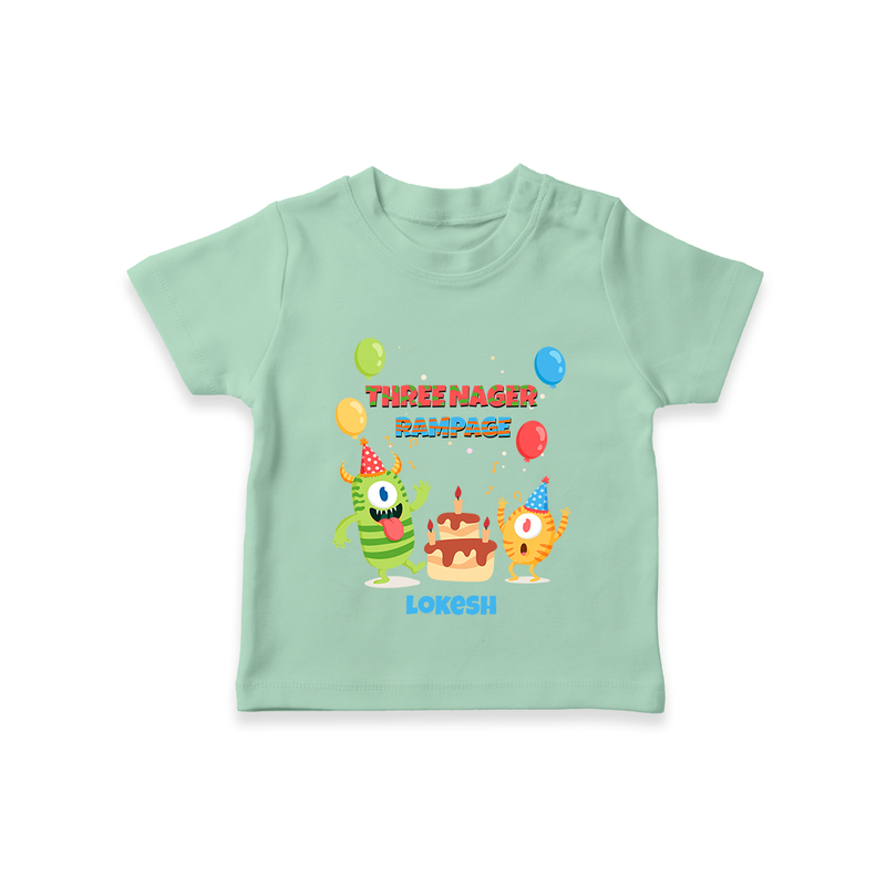 Celebrate The 3rd Birthday With Three Nagar Rampage - Personalized Birthday T-Shirts With Customized Name - MINT GREEN - 0-5 Months Old (Chest 17")