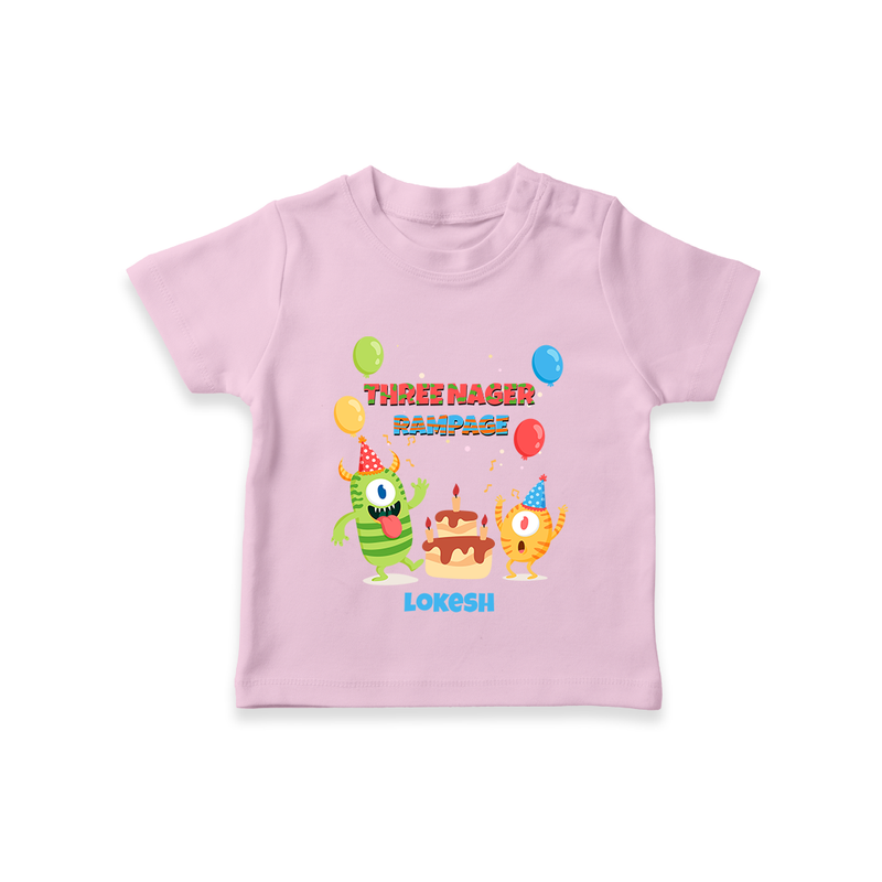 Celebrate The 3rd Birthday With Three Nagar Rampage - Personalized Birthday T-Shirts With Customized Name - PINK - 0-5 Months Old (Chest 17")