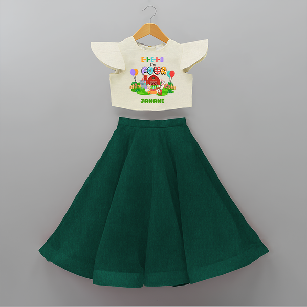 Celebrate The 4th Birthday With Farm Theme - Personalized Birthday Crop Top And Skirt With Customized Name - BOTTLE GREEN - 6 - 9 Months Old (Chest 20" , Frock Waist 20")