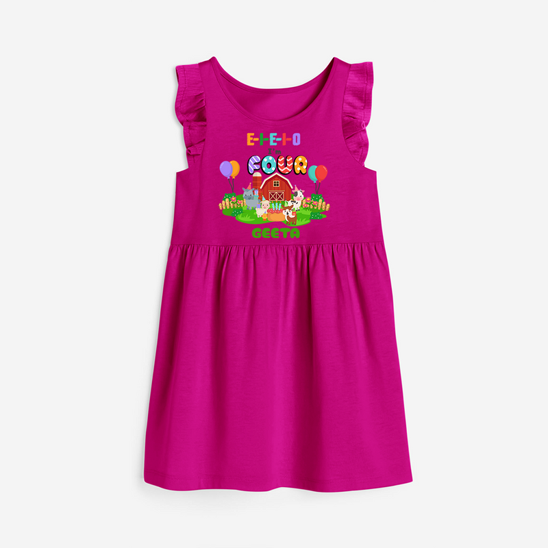 Celebrate The 4th Birthday "E-I-E-I-O I'm Four" with Personalized Frock - HOT PINK - 0 - 6 Months Old (Chest 18")