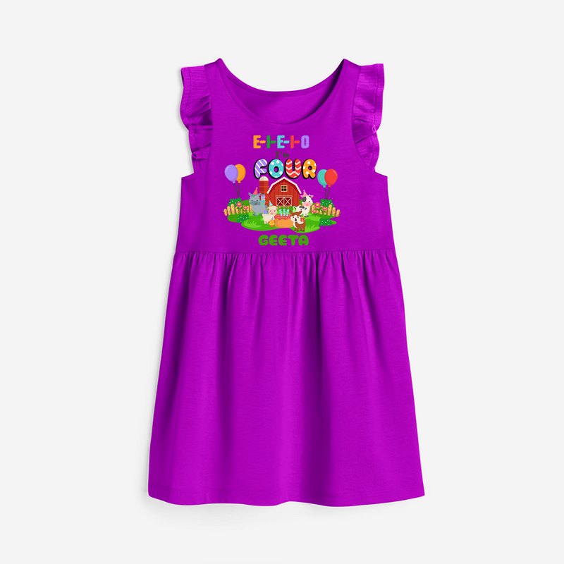 Celebrate The 4th Birthday "E-I-E-I-O I'm Four" with Personalized Frock - PURPLE - 0 - 6 Months Old (Chest 18")