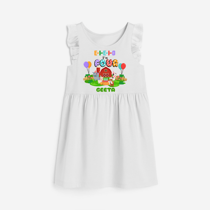 Celebrate The 4th Birthday "E-I-E-I-O I'm Four" with Personalized Frock - WHITE - 0 - 6 Months Old (Chest 18")