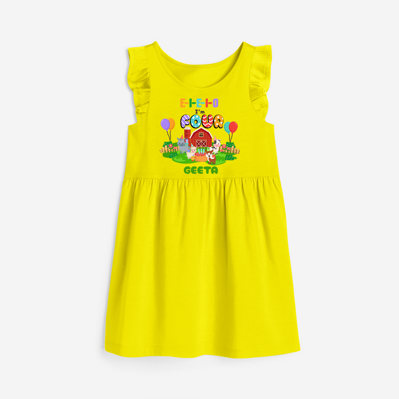 Celebrate The 4th Birthday "E-I-E-I-O I'm Four" with Personalized Frock - YELLOW - 0 - 6 Months Old (Chest 18")