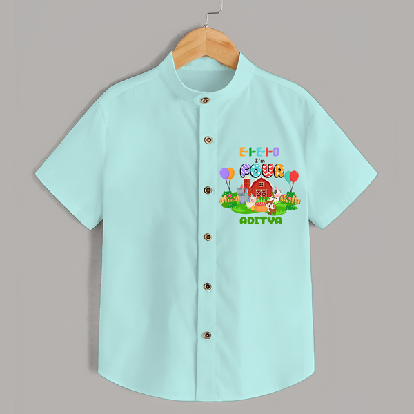 Celebrate The 4th Birthday "E-I-E-I-O I'm Four" with Personalized Shirt - AQUA GREEN - 0 - 6 Months Old (Chest 21")