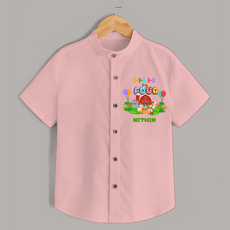 Celebrate The 4th Birthday With Farm Theme - Personalized Birthday Shirts With Customized Name - PEACH - 0 - 6 Months Old (Chest 23")