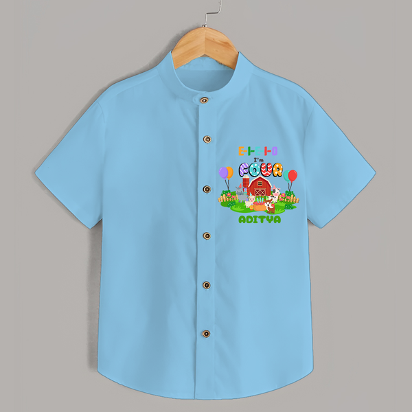 Celebrate The 4th Birthday "E-I-E-I-O I'm Four" with Personalized Shirt - SKY BLUE - 0 - 6 Months Old (Chest 21")