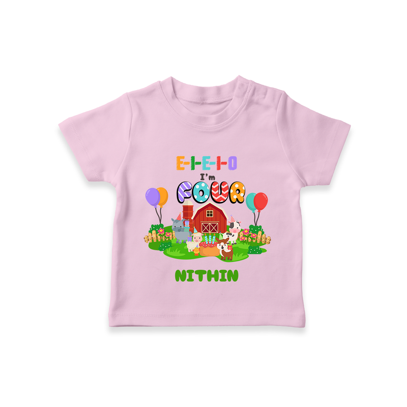 Celebrate The 4th Birthday With Farm Theme - Personalized Birthday T-Shirts With Customized Name - PINK - 0-5 Months Old (Chest 17")