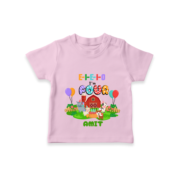 Celebrate The 4th Birthday "E-I-E-I-O I'm Four" with Personalized T-Shirt - PINK - 1 - 2 Years Old (Chest 20")