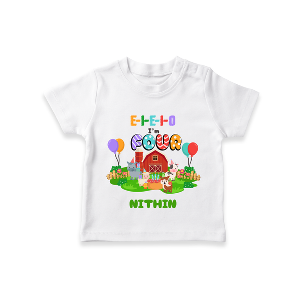 Celebrate The 4th Birthday With Farm Theme - Personalized Birthday T-Shirts With Customized Name - WHITE - 0-5 Months Old (Chest 17")