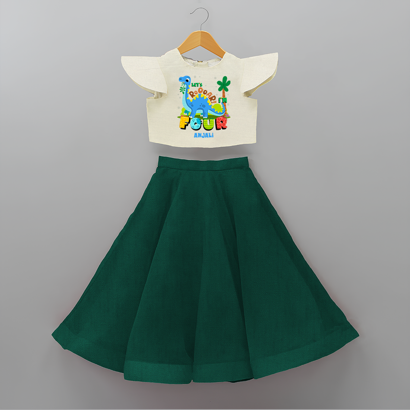 Celebrate The 4th Birthday With Dino Theme - Personalized Birthday Crop Top And Skirt With Customized Name - BOTTLE GREEN - 6 - 9 Months Old (Chest 20" , Frock Waist 20")