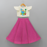 Celebrate The 4th Birthday With Dino Theme - Personalized Birthday Crop Top And Skirt With Customized Name - FUSCHIA - 6 - 9 Months Old (Chest 20" , Frock Waist 20")