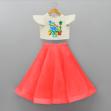 Celebrate The 4th Birthday With Dino Theme - Personalized Birthday Crop Top And Skirt With Customized Name - RED - 6 - 9 Months Old (Chest 20" , Frock Waist 20")