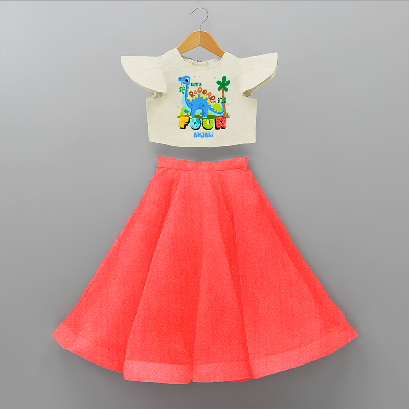 Celebrate The 4th Birthday With Dino Theme - Personalized Birthday Crop Top And Skirt With Customized Name - RED - 6 - 9 Months Old (Chest 20" , Frock Waist 20")