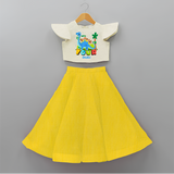 Celebrate The 4th Birthday With Dino Theme - Personalized Birthday Crop Top And Skirt With Customized Name - YELLOW - 6 - 9 Months Old (Chest 20" , Frock Waist 20")