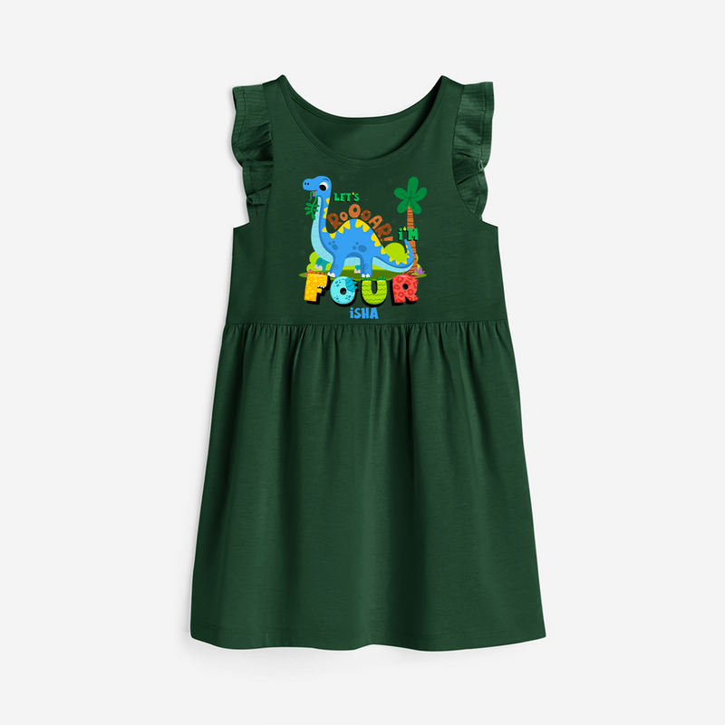 Celebrate The 4th Birthday "Lets Roooar! I'm Four" with Personalized Frock - BOTTLE GREEN - 0 - 6 Months Old (Chest 18")