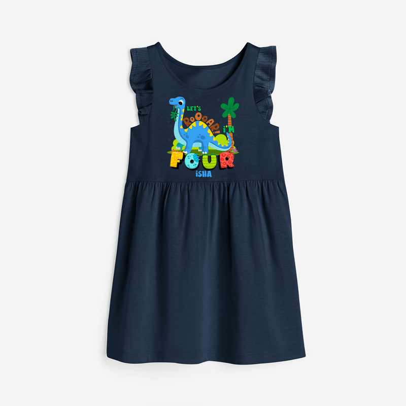 Celebrate The 4th Birthday "Lets Roooar! I'm Four" with Personalized Frock - NAVY BLUE - 0 - 6 Months Old (Chest 18")