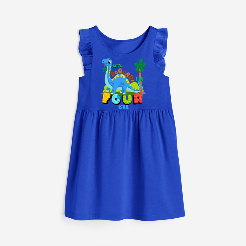 Celebrate The 4th Birthday "Lets Roooar! I'm Four" with Personalized Frock - ROYAL BLUE - 0 - 6 Months Old (Chest 18")