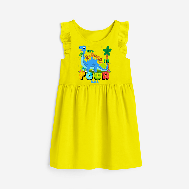 Celebrate The 4th Birthday "Lets Roooar! I'm Four" with Personalized Frock - YELLOW - 0 - 6 Months Old (Chest 18")