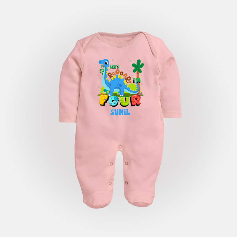 Baby Milestone Full Sleeve Bodysuit/ Sleep Suit/ Jumpsuit | Custom 4 Month Full Sleeve Bodysuit/ Sleep Suit/ Jumpsuit | Soft, Skin-Friendly Cotton - BABY PINK - New Born (Chest 7.5")