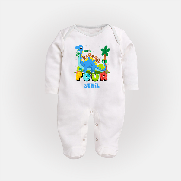 Baby Milestone Full Sleeve Bodysuit/ Sleep Suit/ Jumpsuit | Custom 4 Month Full Sleeve Bodysuit/ Sleep Suit/ Jumpsuit | Soft, Skin-Friendly Cotton - WHITE - New Born (Chest 7.5")