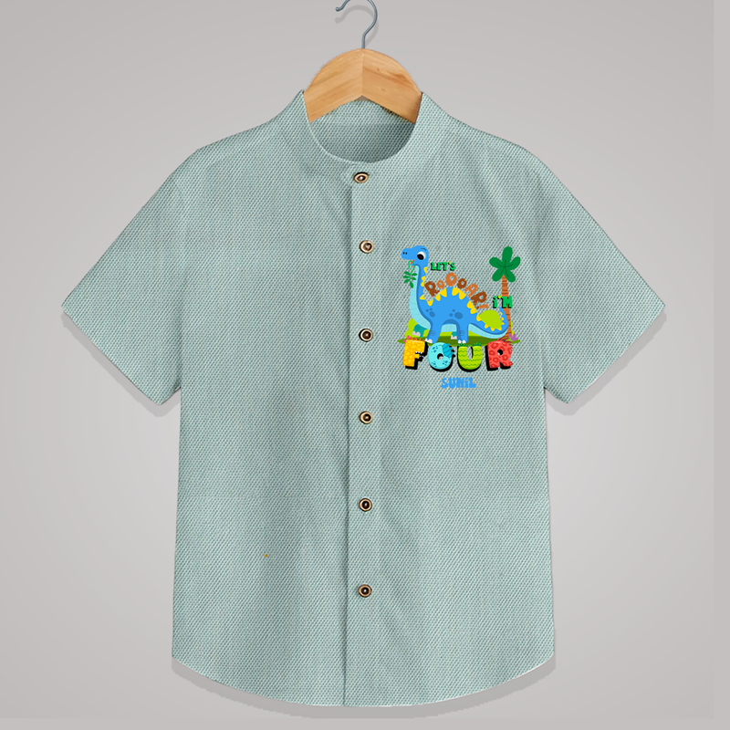 Celebrate The 4th Birthday With Dino Theme - Personalized Birthday Shirts With Customized Name - ARCTIC BLUE - 0 - 6 Months Old (Chest 23")