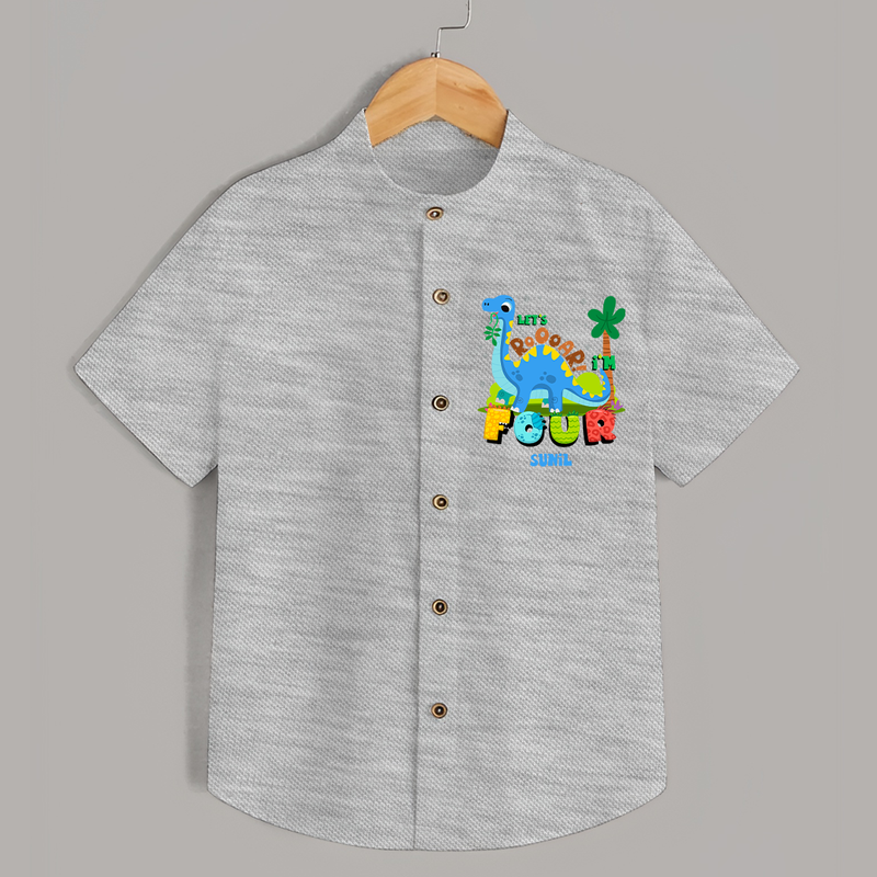 Celebrate The 4th Birthday With Dino Theme - Personalized Birthday Shirts With Customized Name - GREY MELANGE - 0 - 6 Months Old (Chest 23")