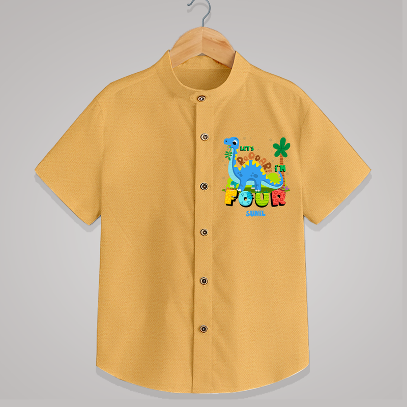 Celebrate The 4th Birthday With Dino Theme - Personalized Birthday Shirts With Customized Name - PASTEL YELLOW - 0 - 6 Months Old (Chest 23")