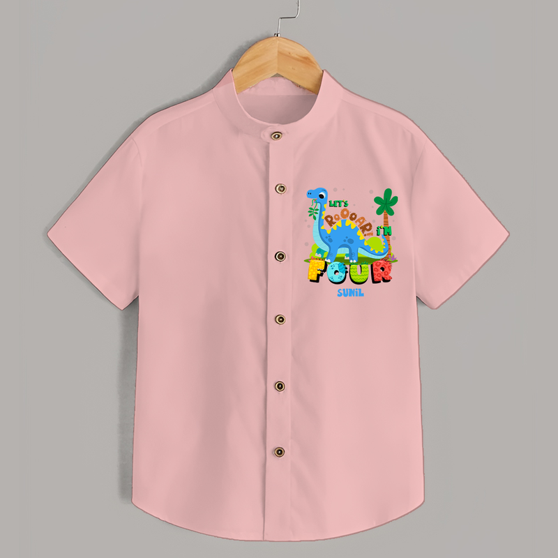 Celebrate The 4th Birthday With Dino Theme - Personalized Birthday Shirts With Customized Name - PEACH - 0 - 6 Months Old (Chest 23")