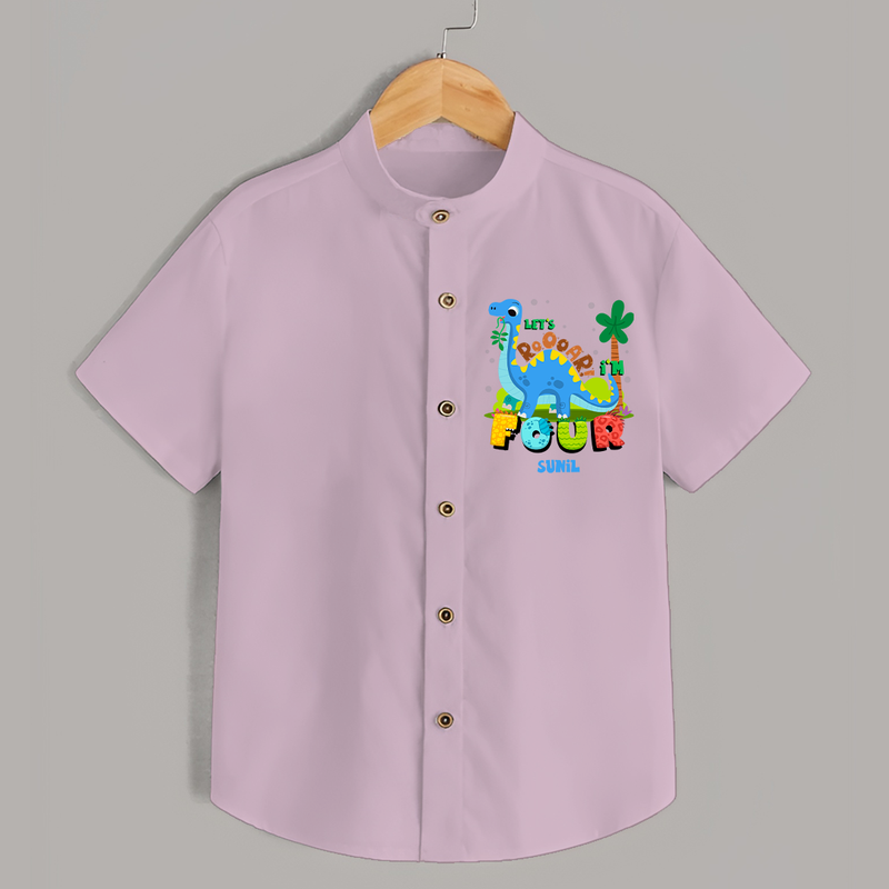 Celebrate The 4th Birthday With Dino Theme - Personalized Birthday Shirts With Customized Name - PINK - 0 - 6 Months Old (Chest 23")