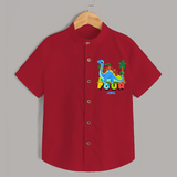 Celebrate The 4th Birthday With Dino Theme - Personalized Birthday Shirts With Customized Name - RED - 0 - 6 Months Old (Chest 23")