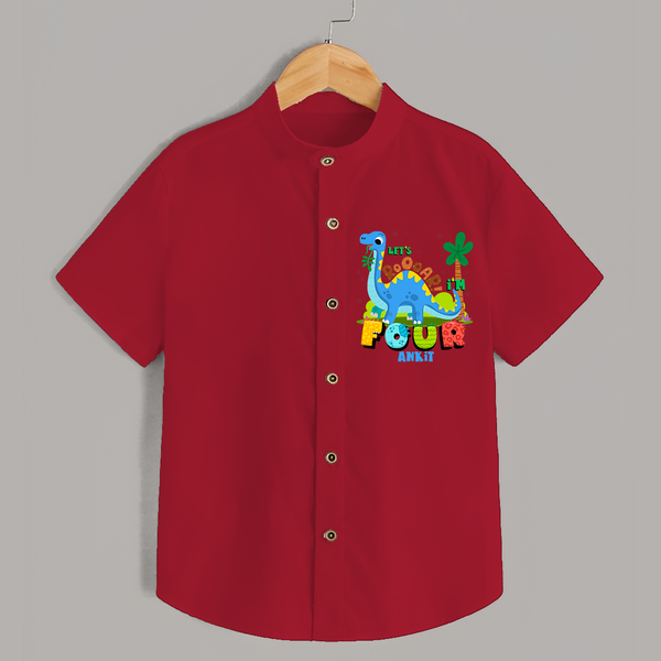 Celebrate The 4th Birthday "Lets Roooar! I'm Four" with Personalized Shirt - RED - 0 - 6 Months Old (Chest 21")
