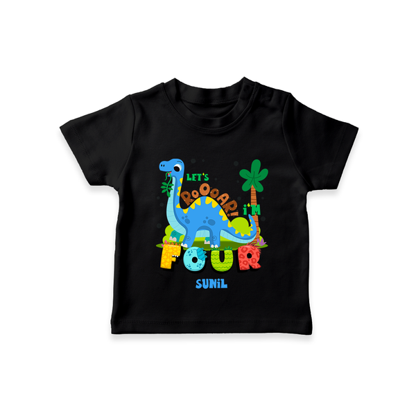 Celebrate The 4th Birthday With Dino Theme - Personalized Birthday T-Shirts With Customized Name - BLACK - 0-5 Months Old (Chest 17")