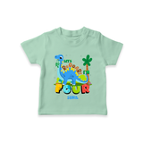 Celebrate The 4th Birthday With Dino Theme - Personalized Birthday T-Shirts With Customized Name - MINT GREEN - 0-5 Months Old (Chest 17")