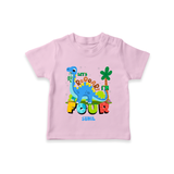 Celebrate The 4th Birthday With Dino Theme - Personalized Birthday T-Shirts With Customized Name - PINK - 0-5 Months Old (Chest 17")