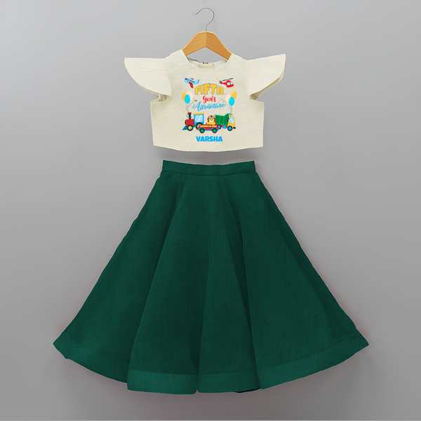 Celebrate The 5th Birthday With Adventure - Personalized Birthday Crop Top And Skirt With Customized Name - BOTTLE GREEN - 6 - 9 Months Old (Chest 20" , Frock Waist 20")