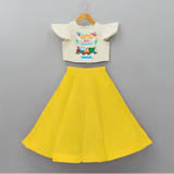 Celebrate The 5th Birthday With Adventure - Personalized Birthday Crop Top And Skirt With Customized Name - YELLOW - 6 - 9 Months Old (Chest 20" , Frock Waist 20")