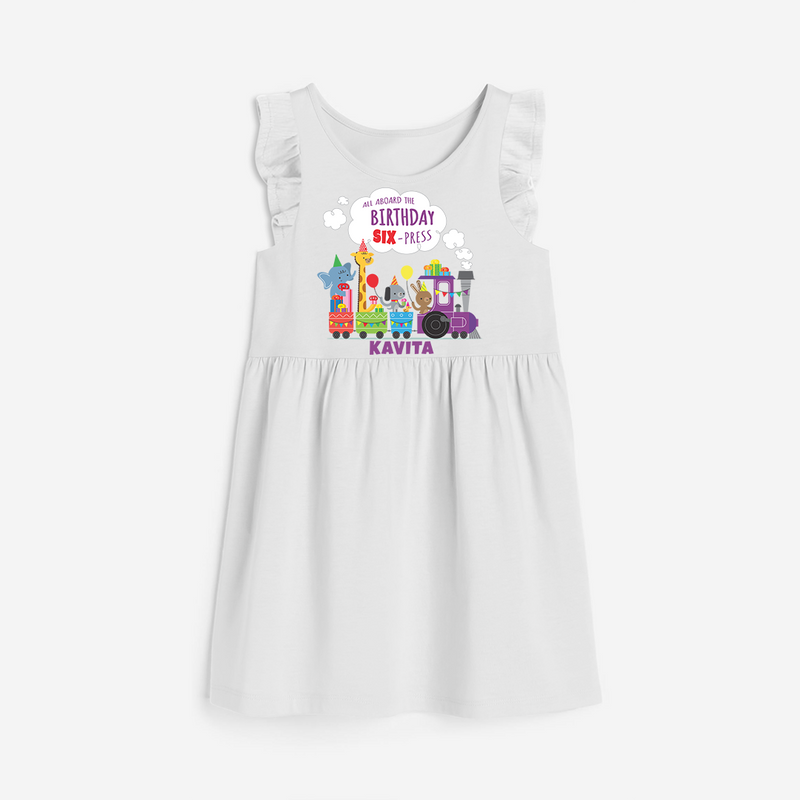 Celebrate The 6th Birthday "All Abroad The Birthday SIX-Press" with Personalized Frock - WHITE - 0 - 6 Months Old (Chest 18")