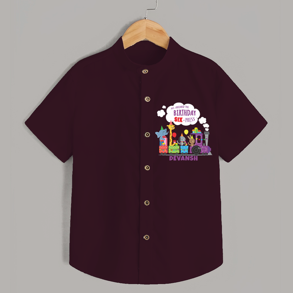 Celebrate The 6th Birthday "All Aboard The Birthday SIX-Press" with Personalized Shirt - MAROON - 0 - 6 Months Old (Chest 21")