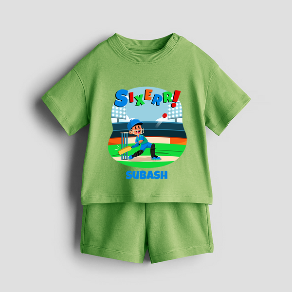 Celebrate The 6th Birthday With Cricket Theme - Personalized Birthday Co-ord With Customized Name - KIWI GREEN - 0-5 months old  (Chest 18")