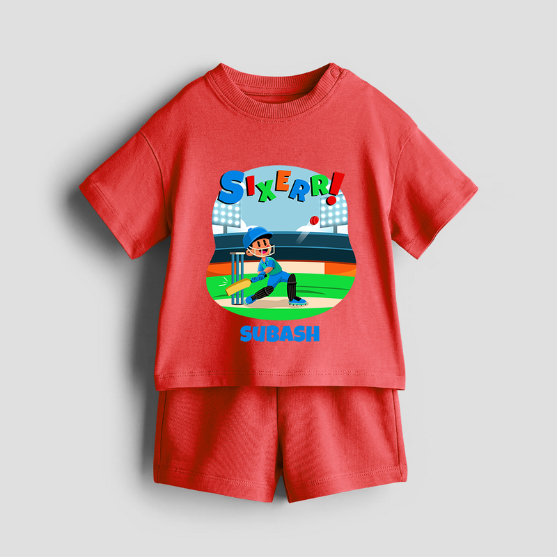 Celebrate The 6th Birthday With Cricket Theme - Personalized Birthday Co-ord With Customized Name - RED - 0-5 months old  (Chest 18")